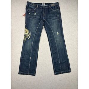 Antik Denim Mens 38x33 Jeans Y2K Dragon Embroidered Dark Washed Denim JNCO Style